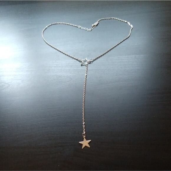 Silver Star Lariat Necklace 18k white gold plated metal T&J Designs minimalist - Picture 5 of 14